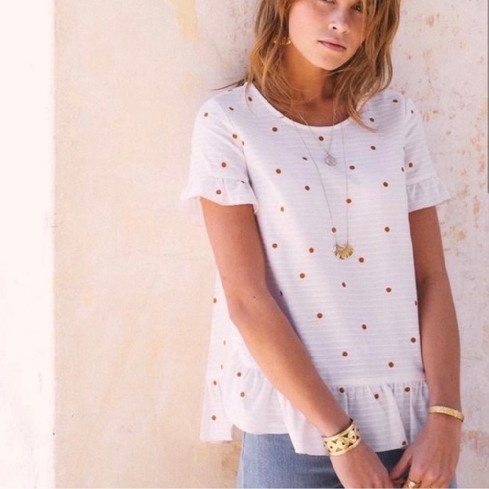 Sezane Alix Ruffle Hem Top in Gold Polka Dot, sz 42